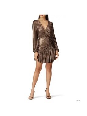 Slate & Willow Metallic Bronze Long-Sleeve Wrap Mini Dress
